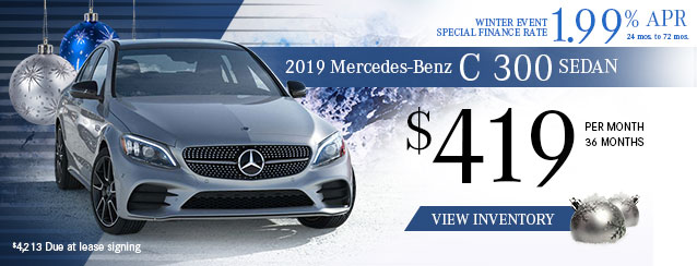 2019 Mercedes-Benz C 300 Sedan for $419 per month for 36 months or 1.99% APR financing for 24 to 72 months.