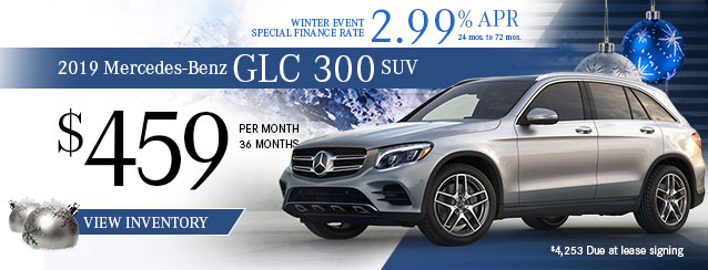 2019 Mercedes-Benz GLC 300 SUV for $459 per month for 36 months or 2.99% financing for 24 to 72 months.