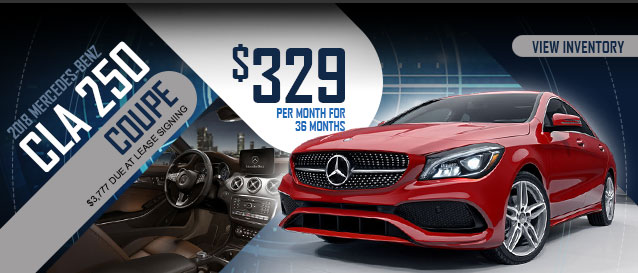 2018 Mercedes-Benz CLA 250 Coupe for $329 per month for 36 months with $3,777 due at lease signing.