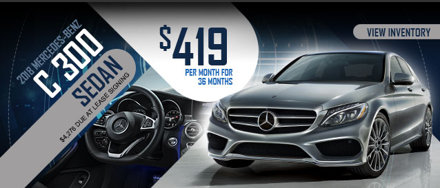 2018 Mercedes-Benz C 300 Sedan for $419 per month for 36 months with $4,276 due at lease signing.